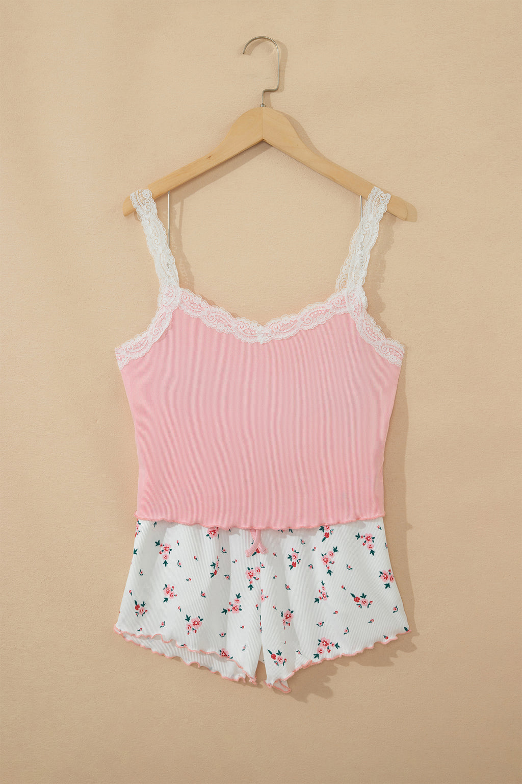 Pink Ribbed Knit Lace Straps Patchwork Lettuce Hem Cropped Top Floral Short Lounge Set 🇺🇸