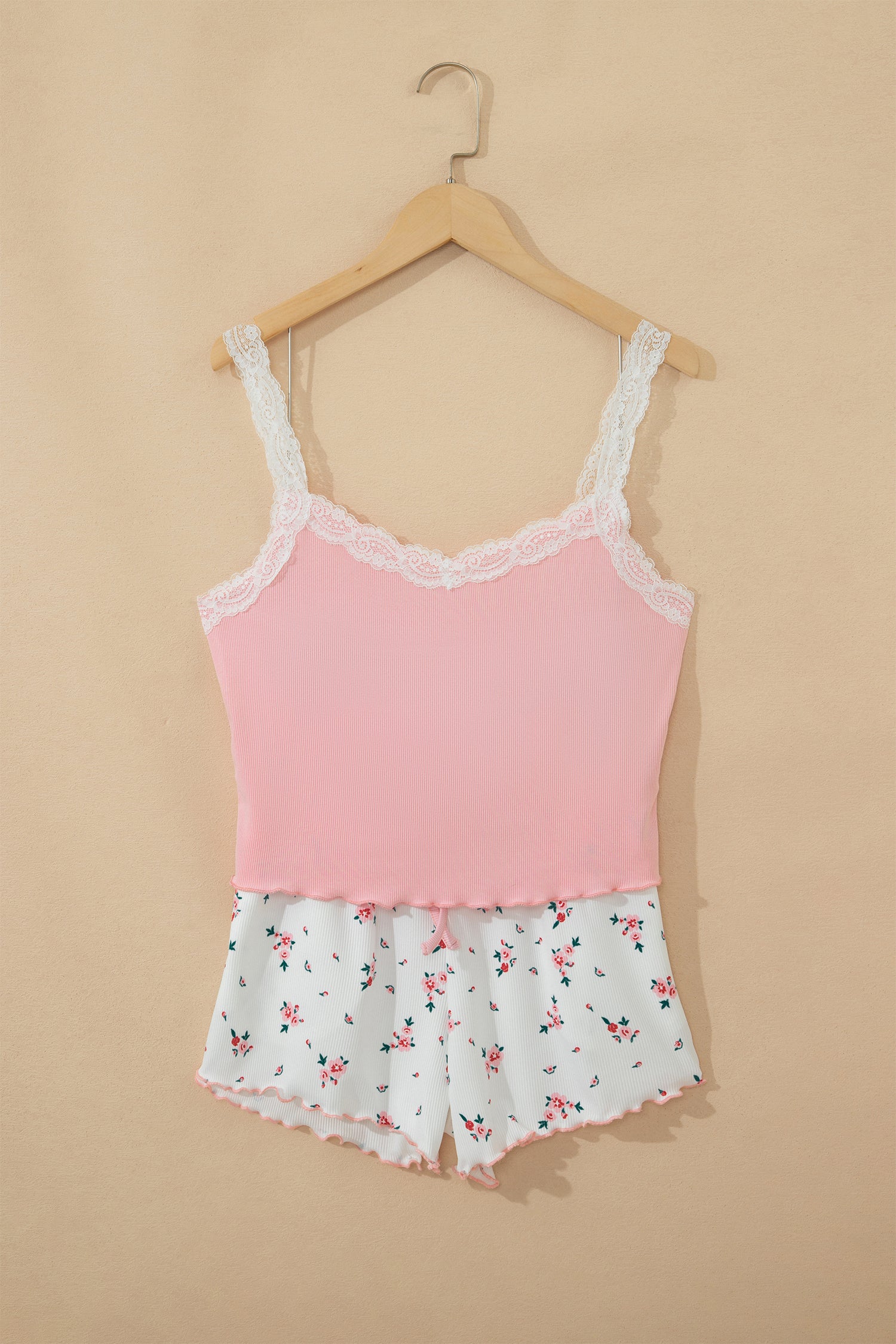 Pink Ribbed Knit Lace Straps Patchwork Lettuce Hem Cropped Top Floral Short Lounge Set 🇺🇸