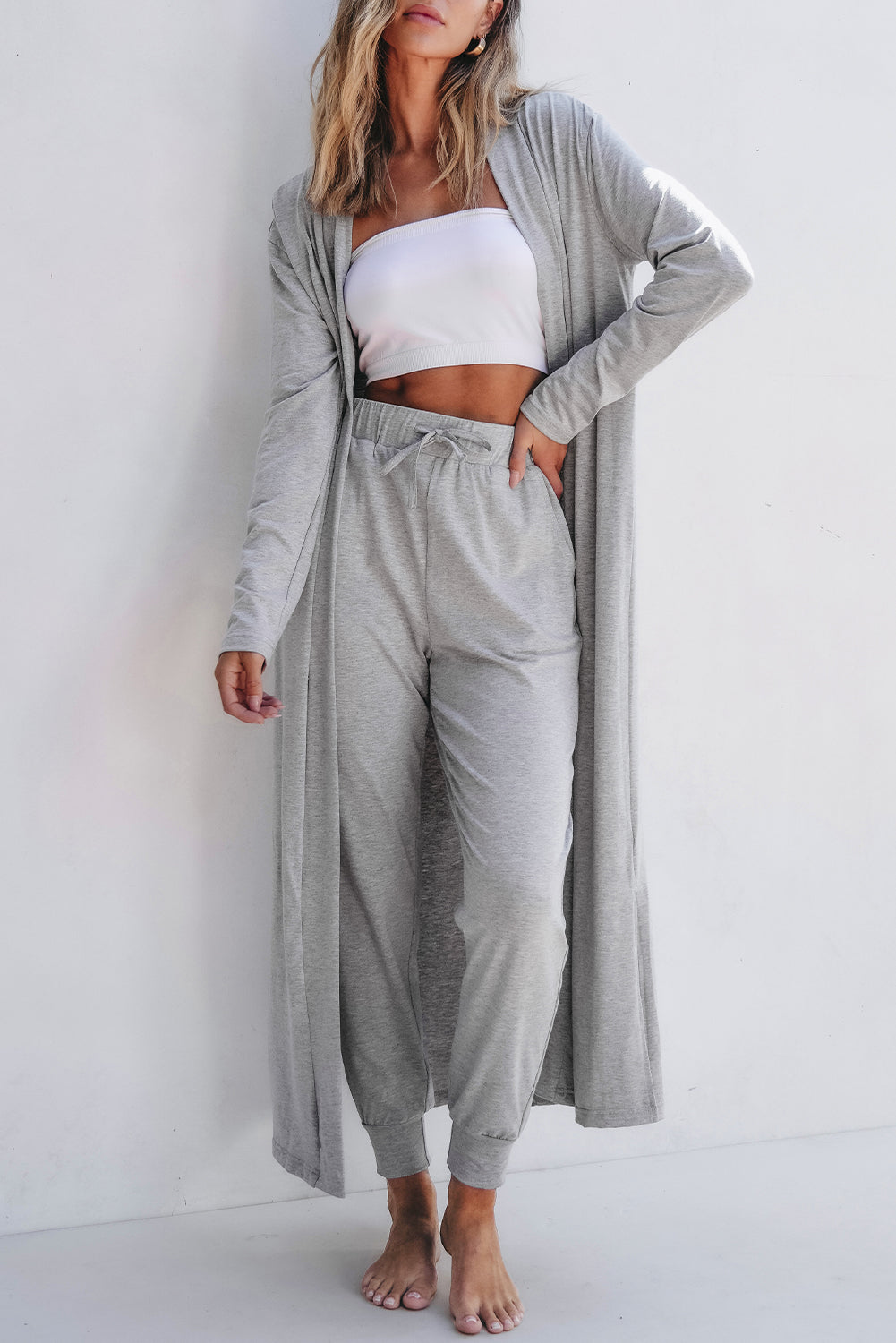 Light Grey Split Long Cardigan and Skinny Pants Lounge Set 🇨🇳