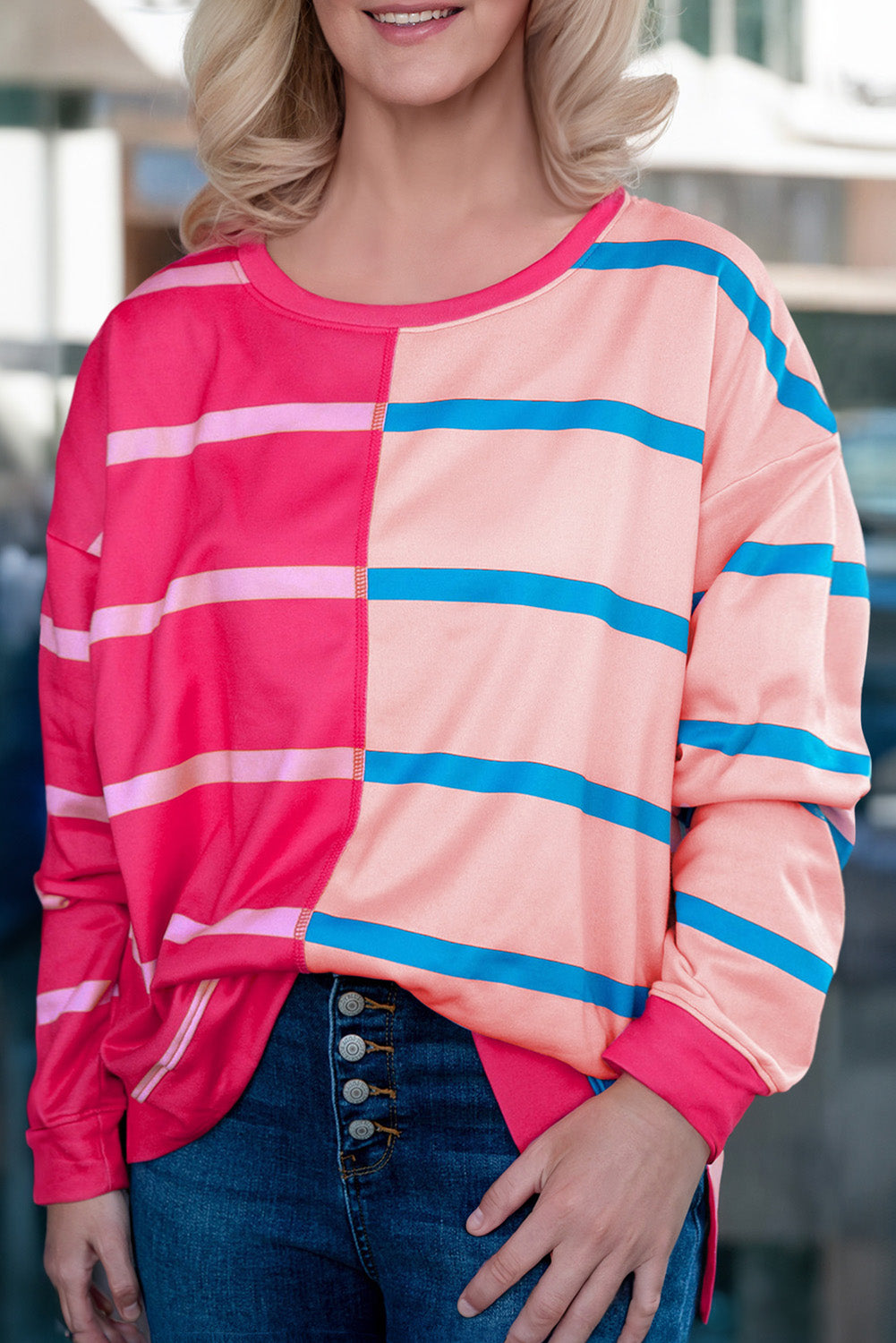 Rose Stripe Color Block Crewneck Long Sleeve Plus Size T Shirt 🇺🇸
