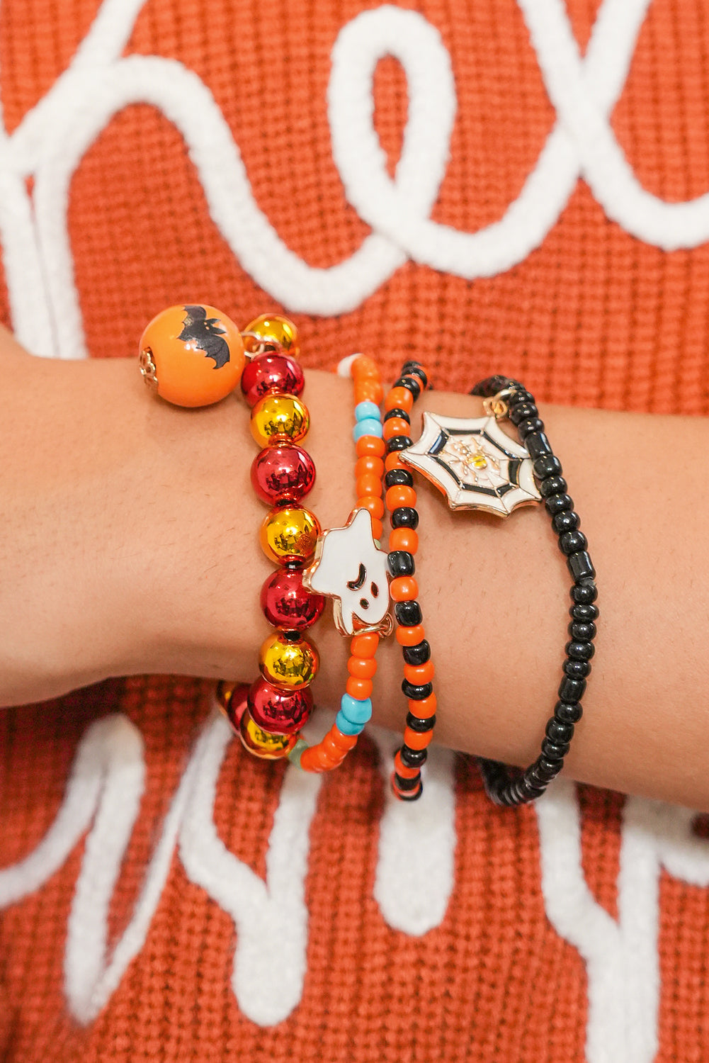 Orange 4pcs Halloween Ghost Spider Web Beaded Bracelet Set 🇺🇸