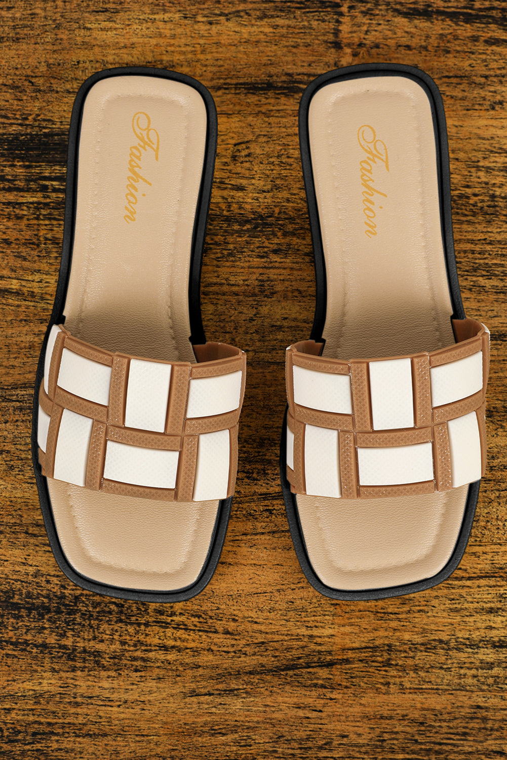 Beige Two Tone Contrast PU Leather Square Toe Slippers 🇨🇳