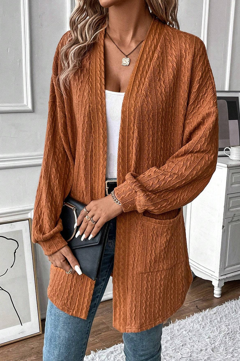 Chestnut Textured Knit Side Pockets Open Front Cardigan 🇨🇳
