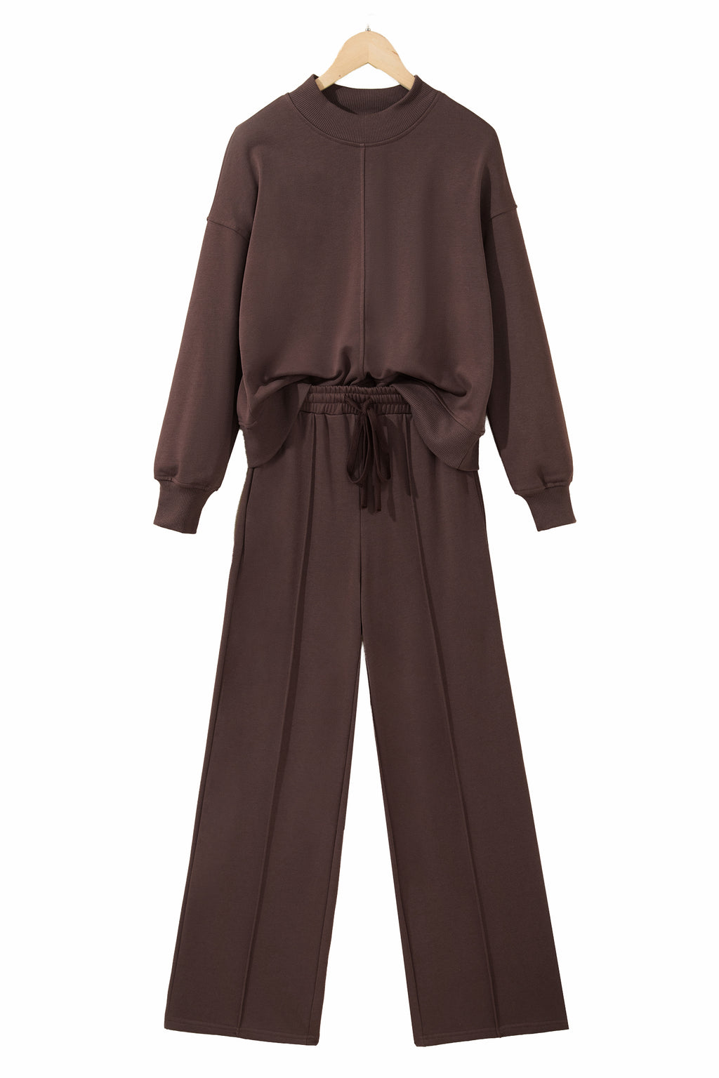 Coffee Solid Color Piping Trim Mock Neck Pullover Drawstring Pants Set 🇺🇸