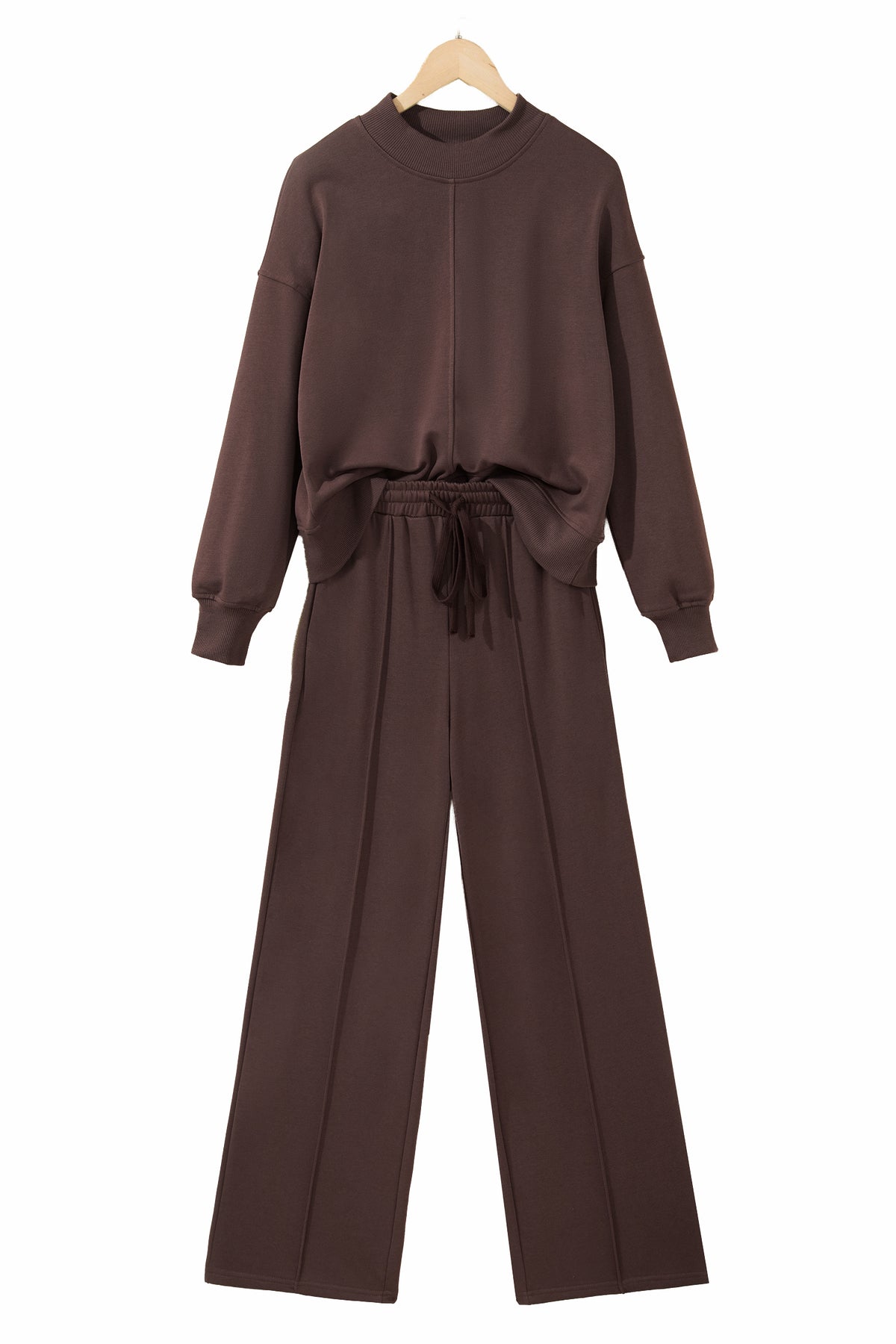 Coffee Solid Color Piping Trim Mock Neck Pullover Drawstring Pants Set 🇺🇸