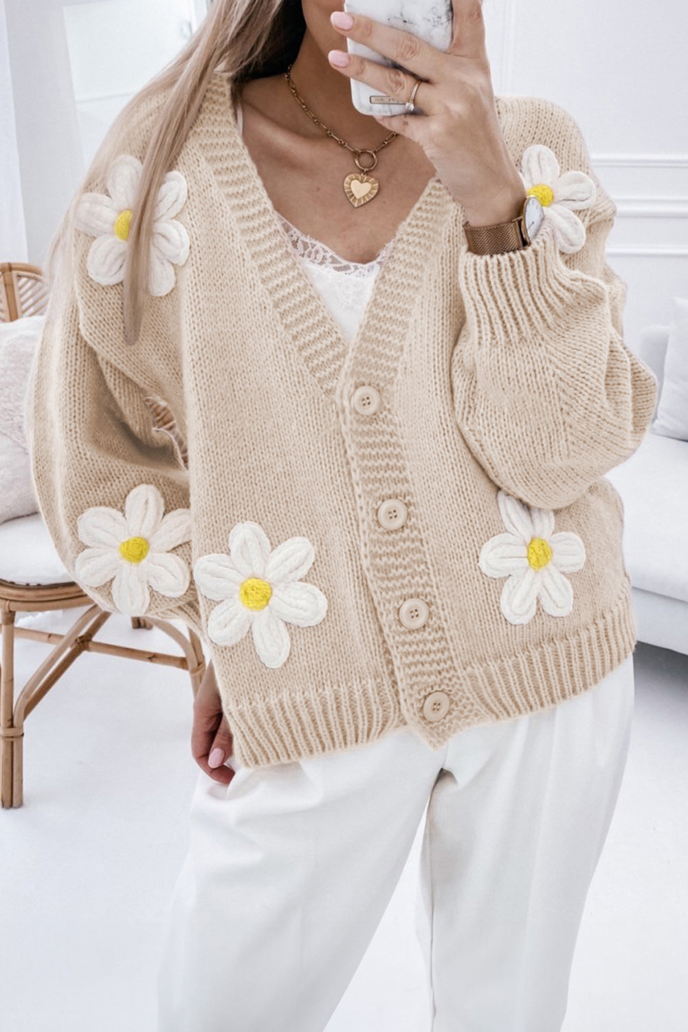 Parchment Elegant Flower Decor Button Front Cardigan 🇨🇳