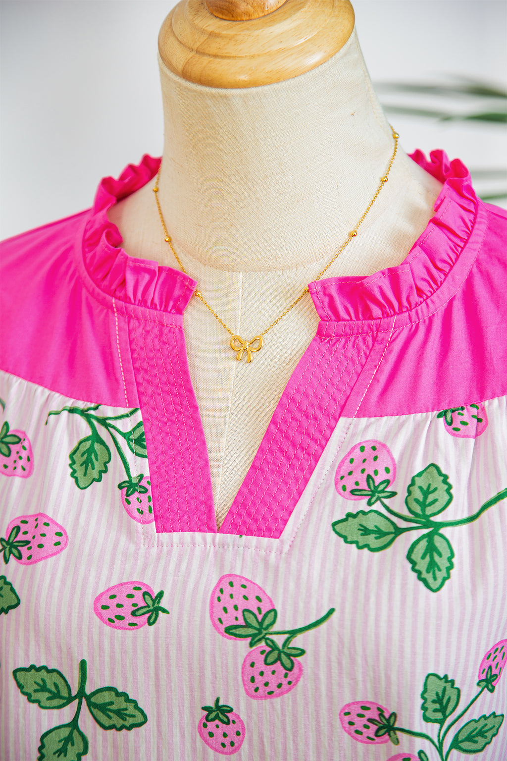 Pink Striped Strawberry Printed Color Block Patchwork V Neck Flutter Sleeve Blouse 🇺🇸