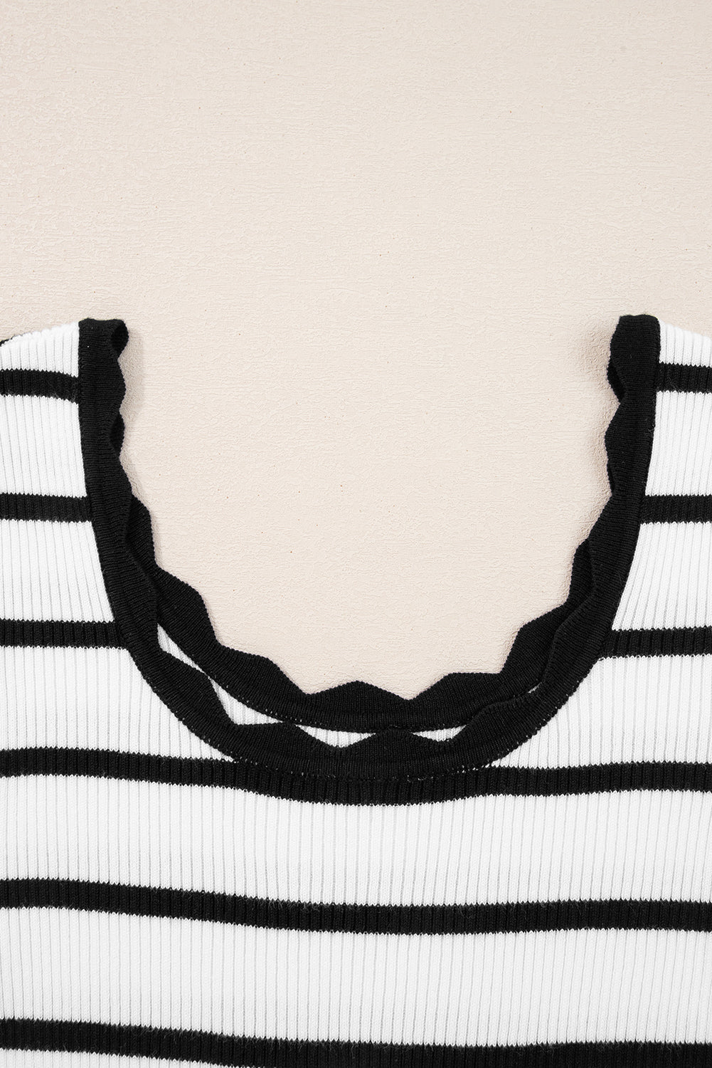 Black white Scalloped Trim U Neck Striped Ribbed Slim Sweater 🇺🇸