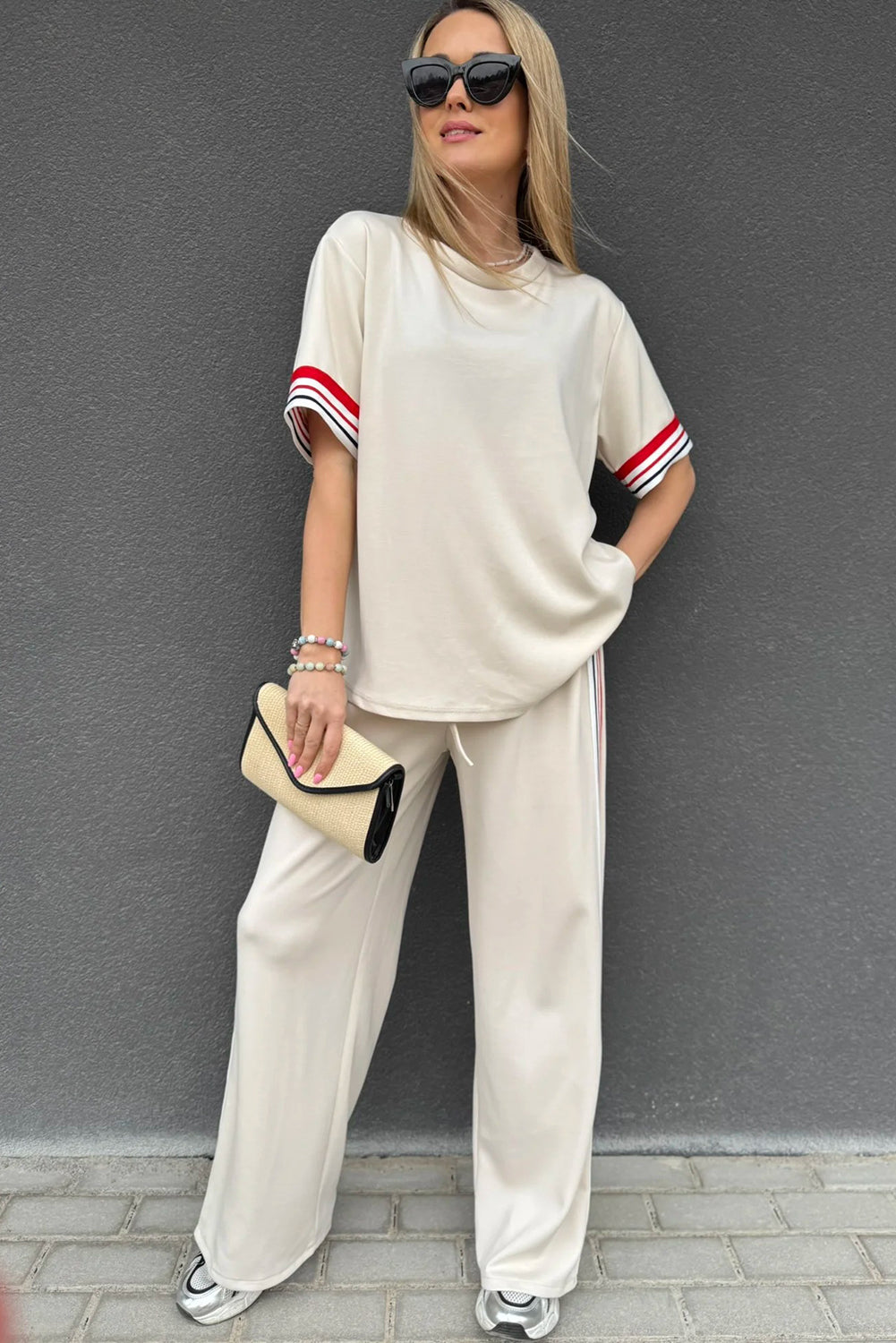 Jet Stream Contrast Striped Trim Crewneck T Shirt Loose Straight Pants Set 🇺🇸