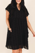 Black Dotty Textured Notched Neck Plus Ruffled Dress 🇺🇲