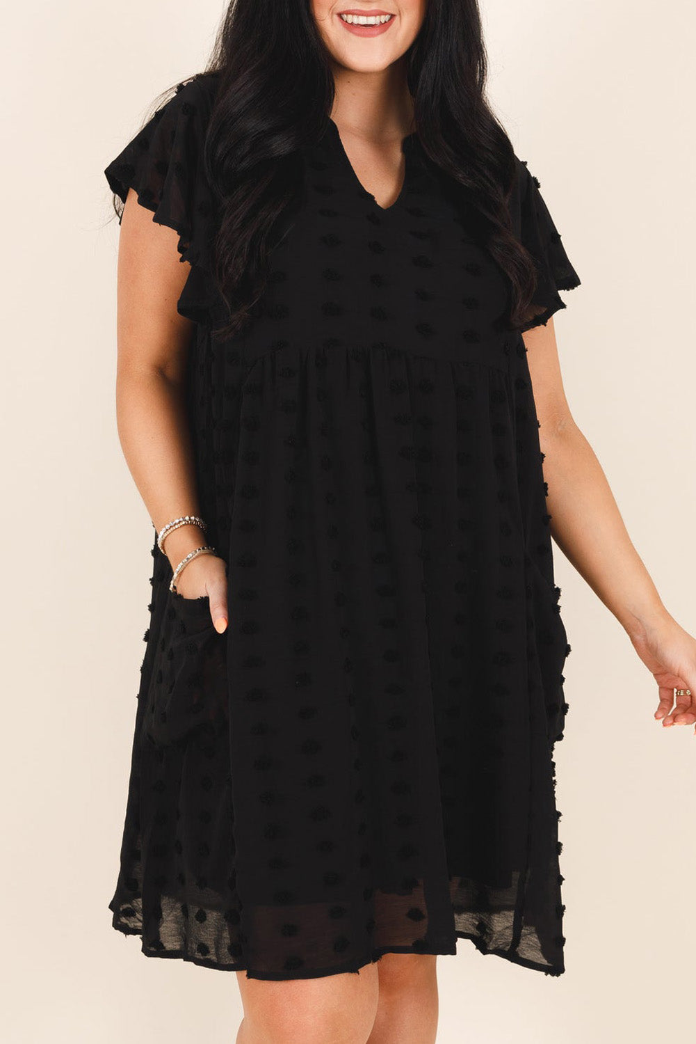 Black Dotty Textured Notched Neck Plus Ruffled Dress 🇺🇲
