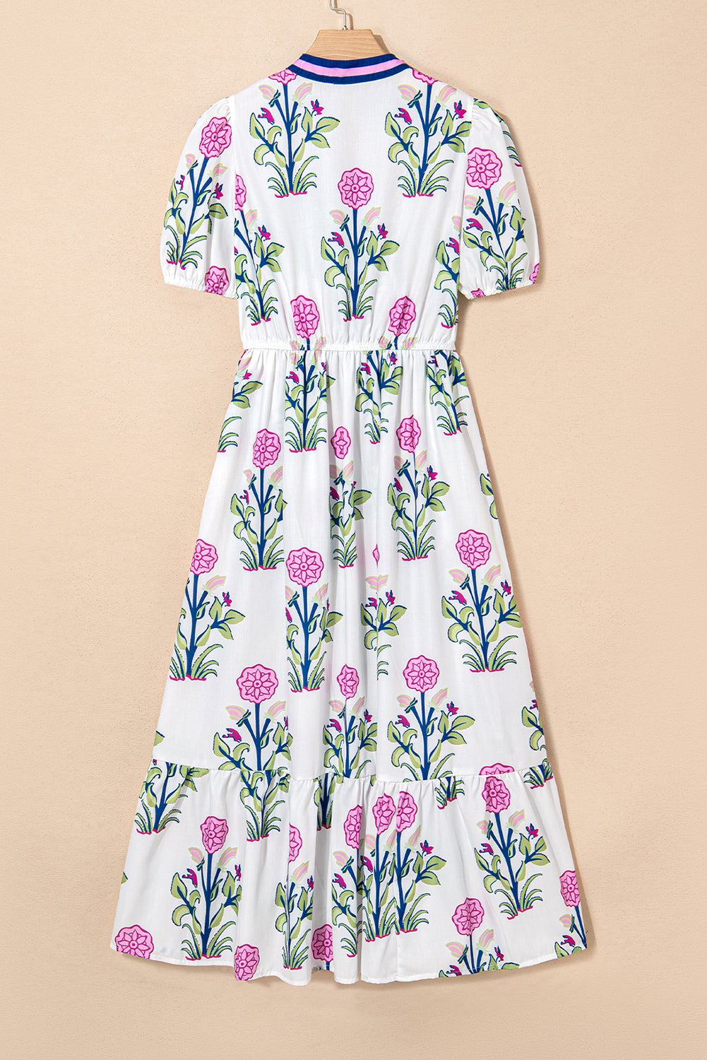 White Floral Puff Short Sleeve V Neck High Waist Maxi Dress 🇨🇳