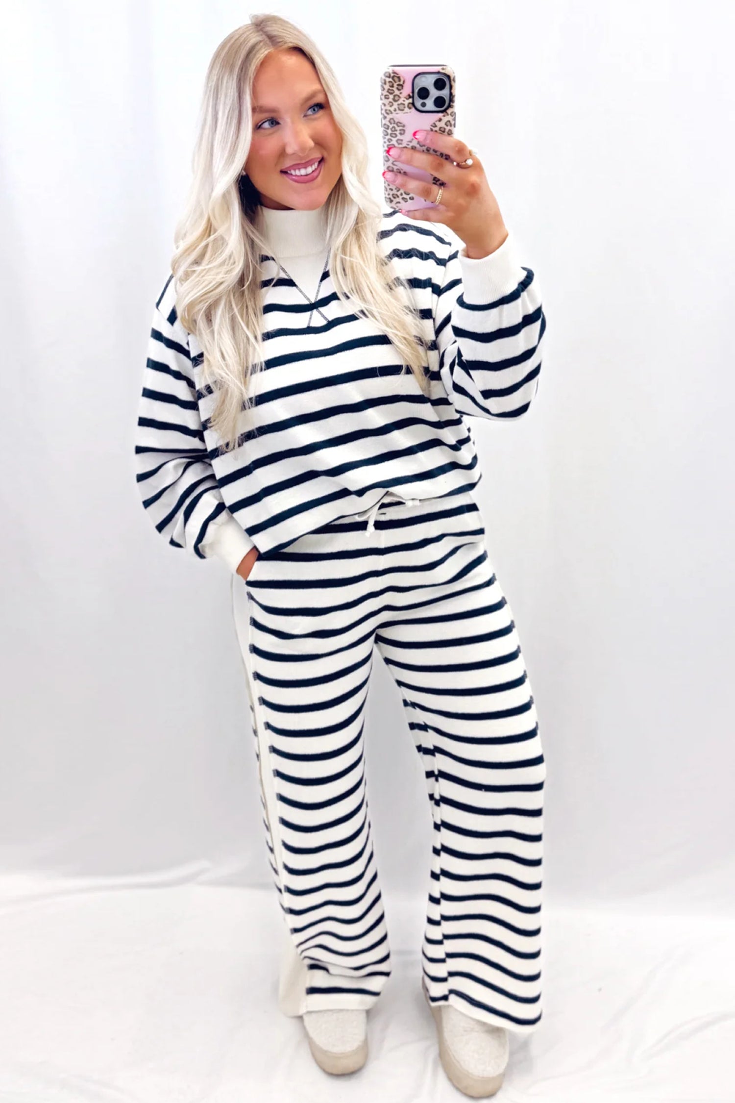 Blue Stripe Striped Ribbed Cuff Collar Pocket Loose Pant Set 🇺🇸