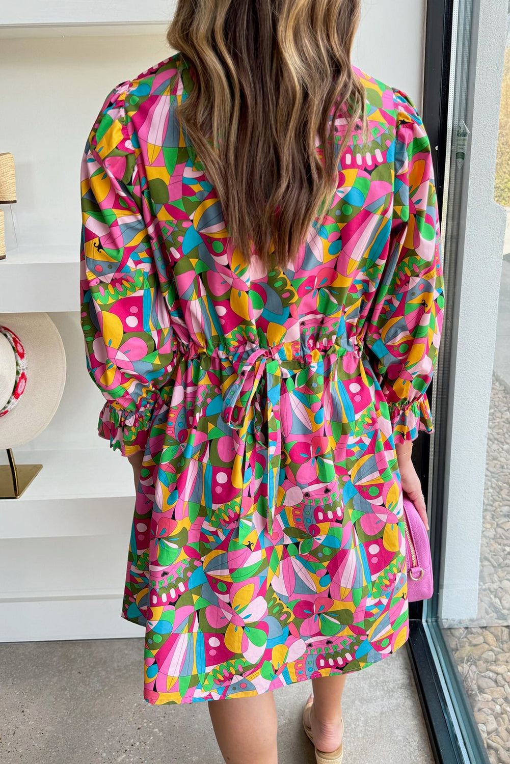 Pink Abstract Printed Lantern Sleeve Buttoned Mini Dress 🇺🇸
