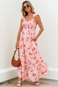 Pink Floral V Neck Smocked High Waist Ruffle Hem Long Dress 🇺🇸