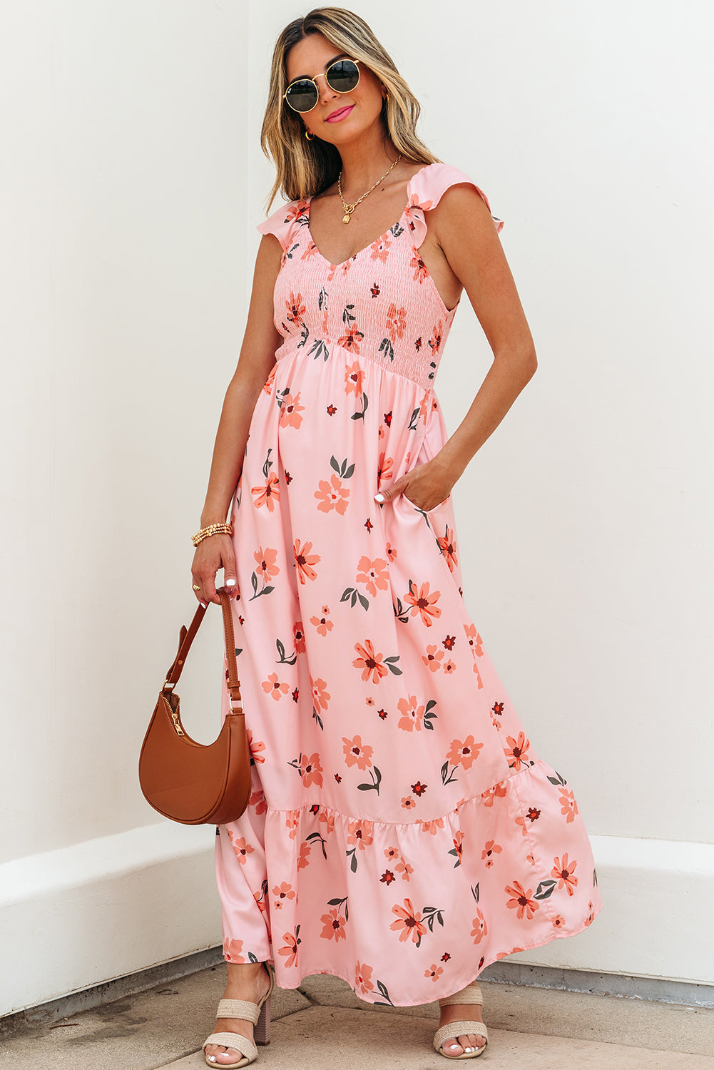 Pink Floral V Neck Smocked High Waist Ruffle Hem Long Dress 🇺🇸