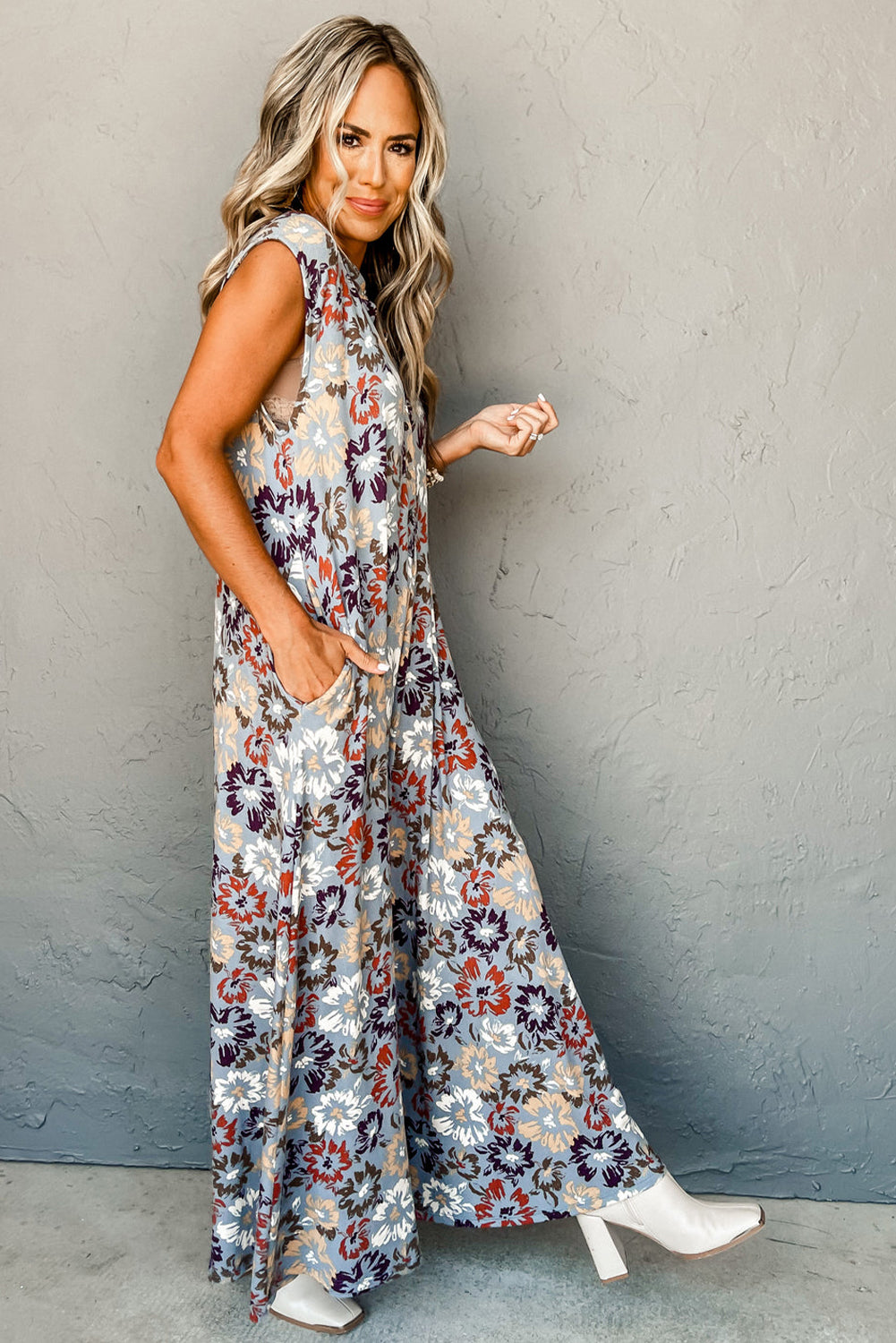 Sky Blue Floral Sleeveless Buttoned Pocketed Wide Leg Jumpsuit 🇺🇸