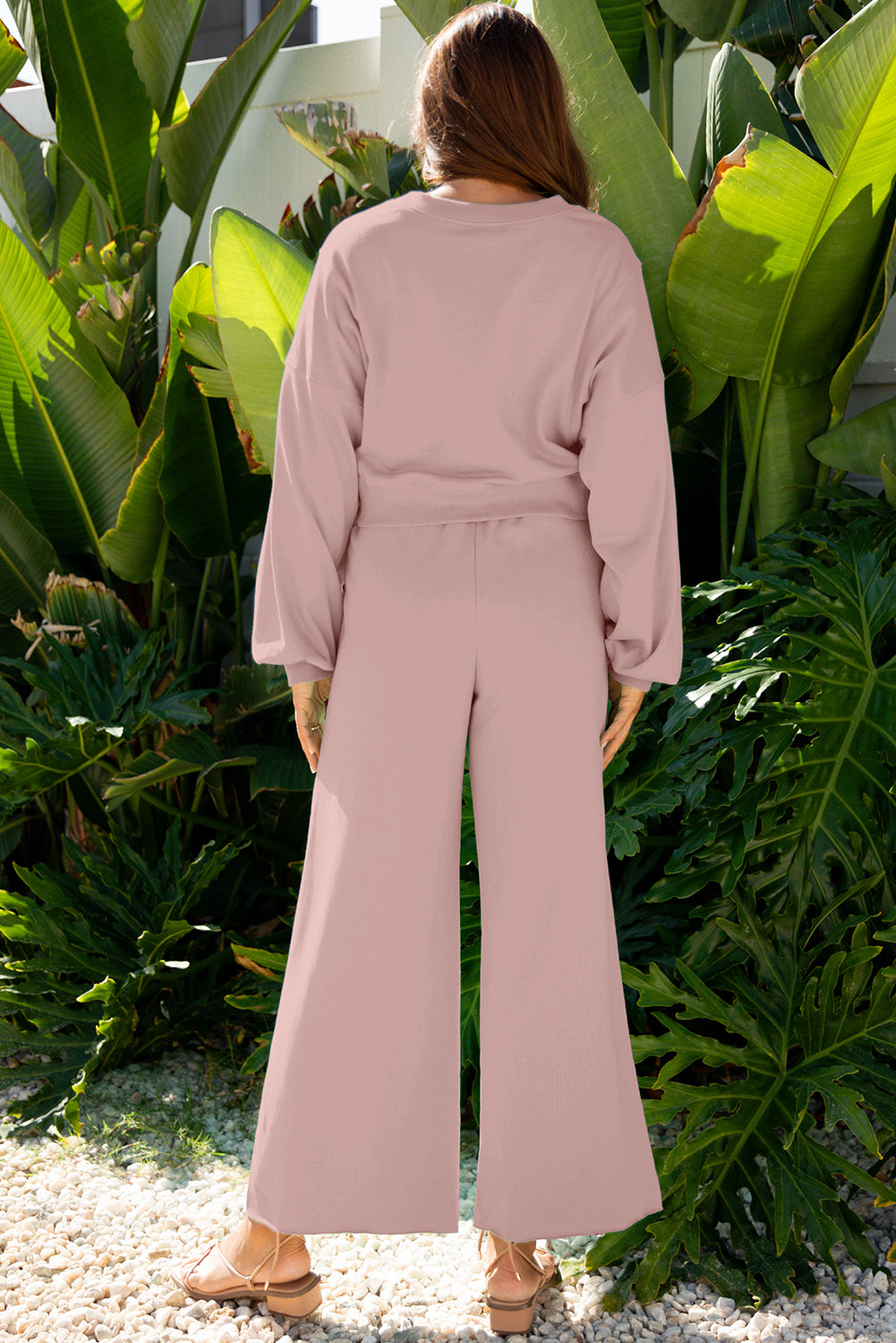 Light Pink Drop Shoulder Puff Sleeve Crop Pullover Drawstring Wide Leg Pants Set 🇺🇸