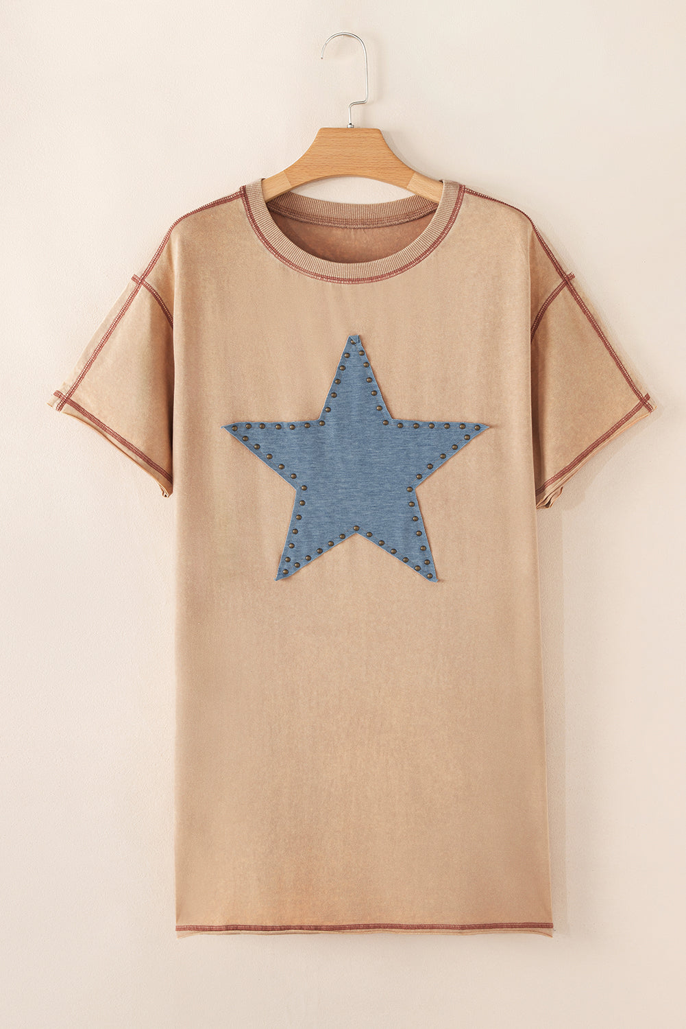 Pale Khaki Mineral Wash Stud Beaded Star Graphic Pocketed T Shirt Dress 🇨🇳