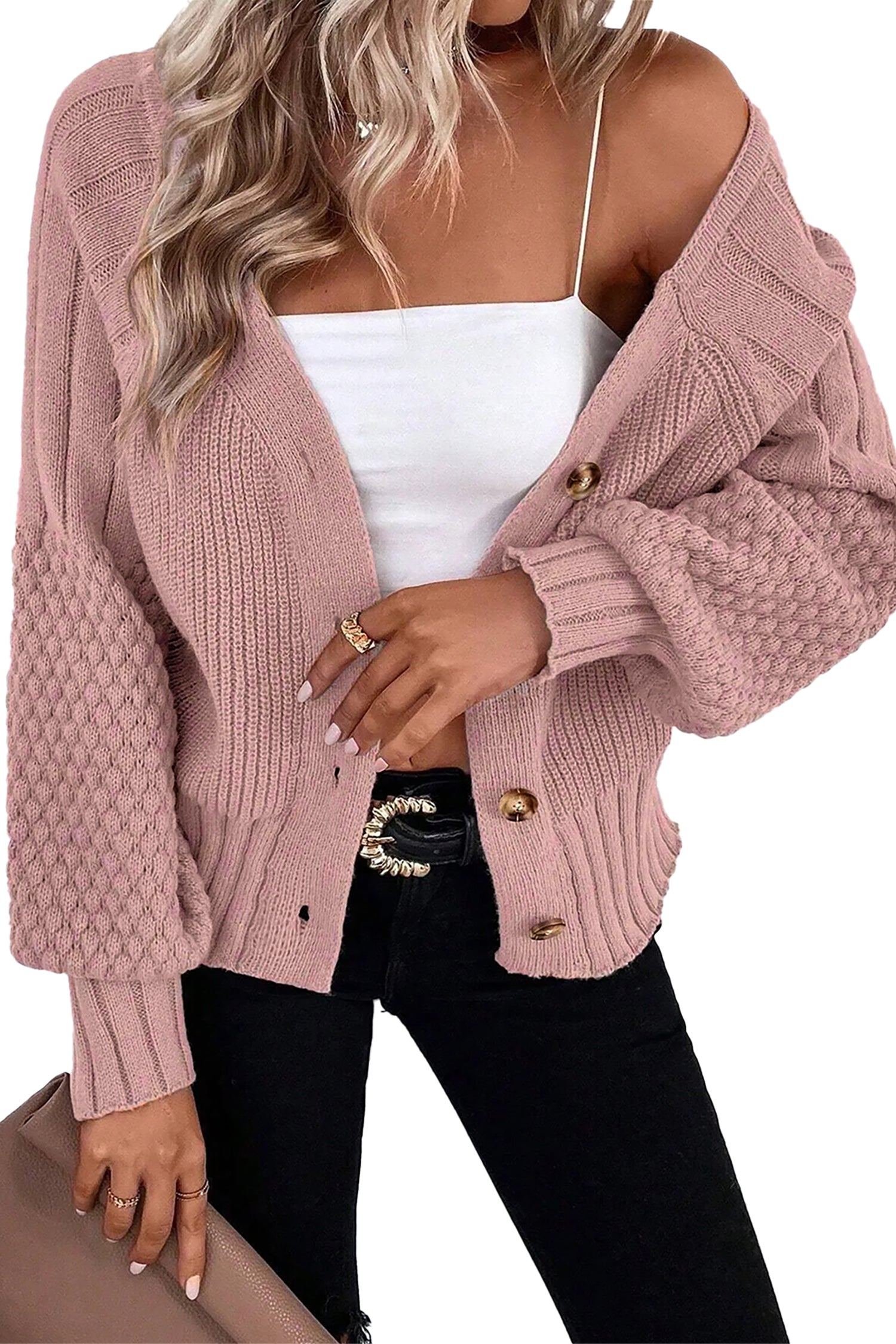 Light Pink Mixed Texture Knit Button V Neck Sweater Cardigan 🇺🇸