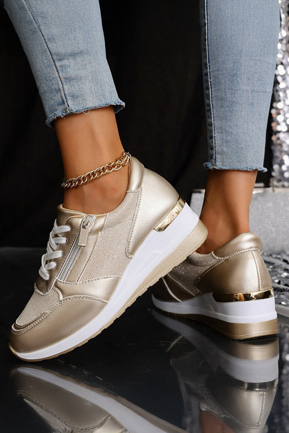 Gold PU Leather Patchwork Zipper Lace-up Sneakers 🇺🇸