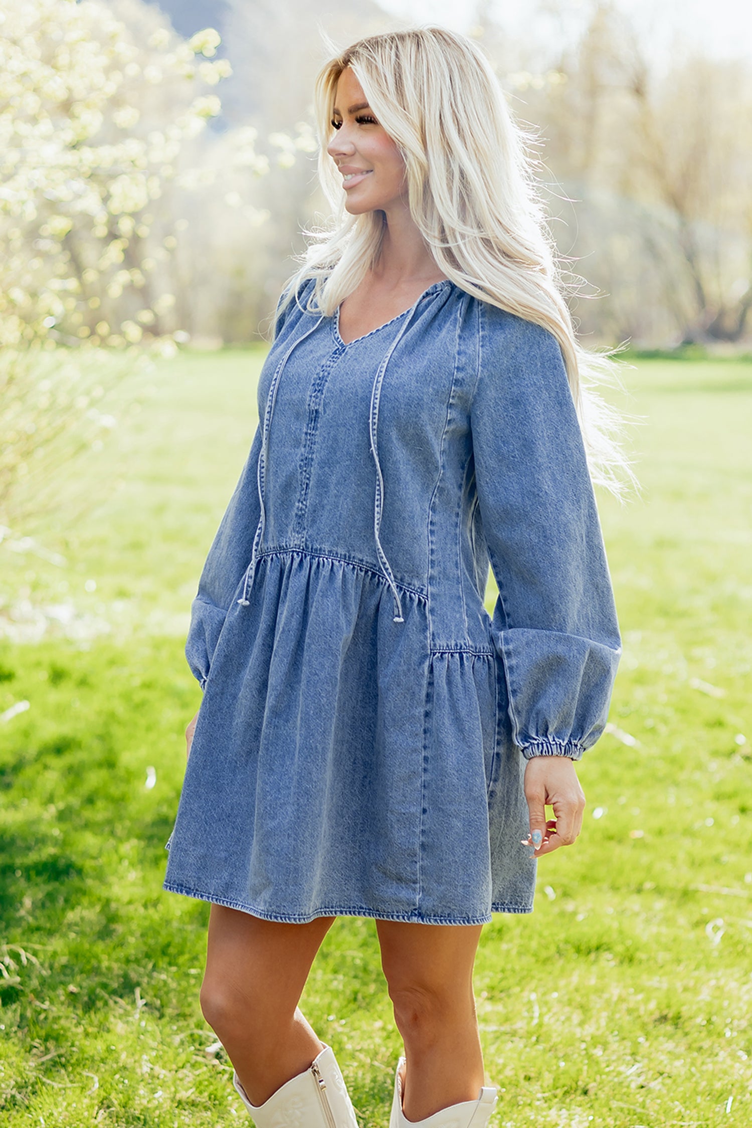 Myosotis Puff Sleeve V Neck Ruffled Loose Denim Mini Dress 🇺🇸
