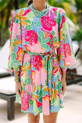 Green Multicolor Botanical Bubble Sleeve Mini Dress 🇺🇸