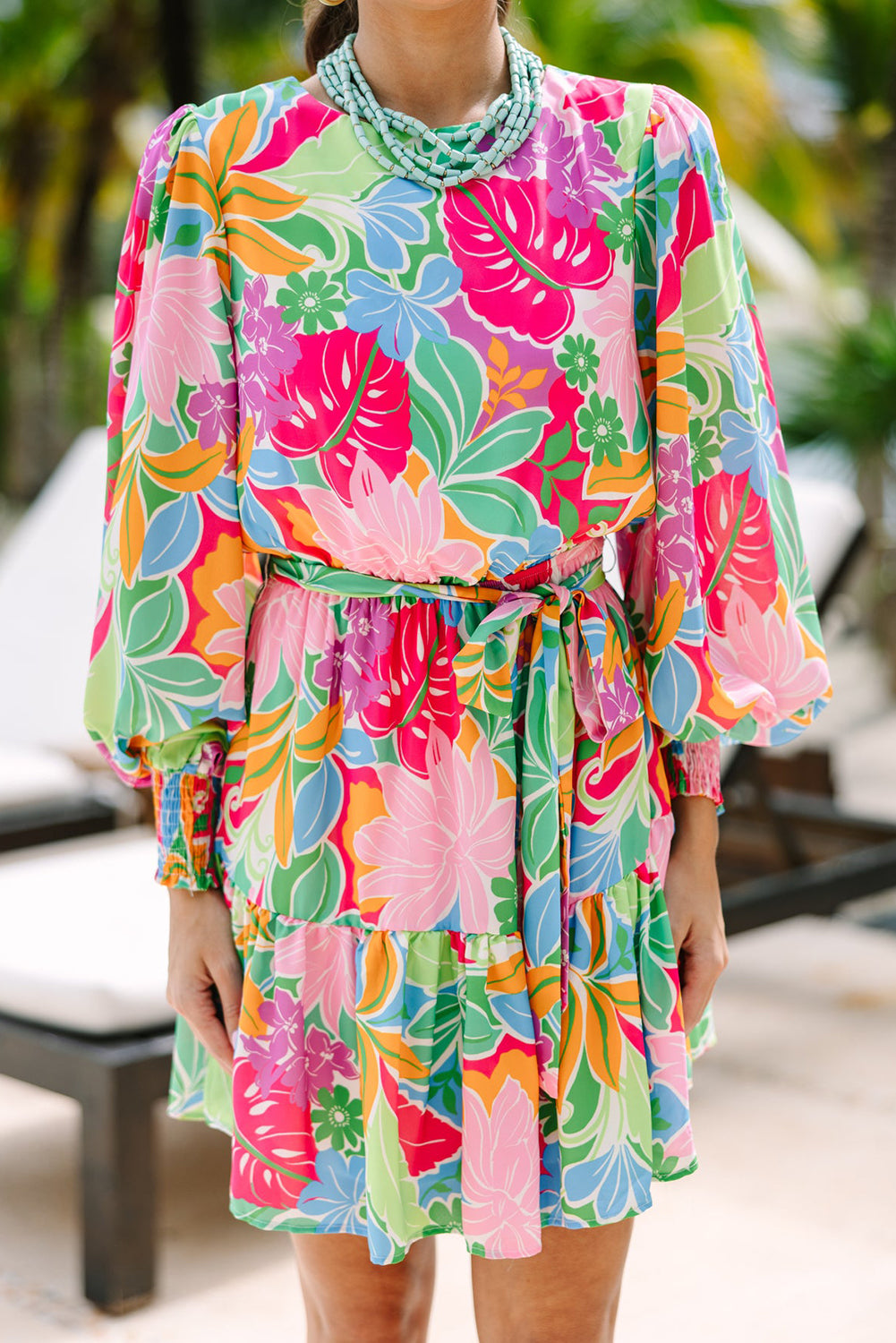 Green Multicolor Botanical Bubble Sleeve Mini Dress 🇺🇸