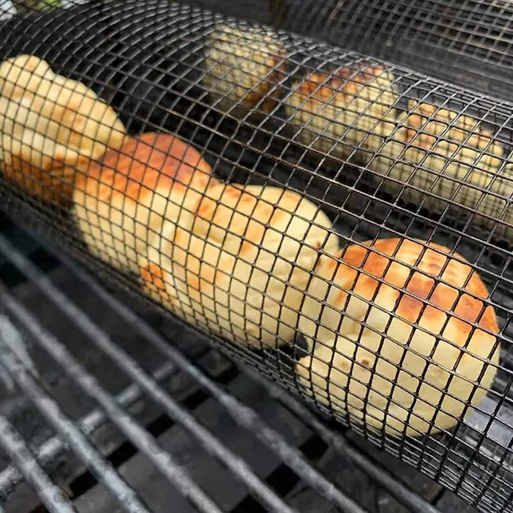 Rolling Grilling Basket Metal BBQ Barbecue Basket Net Portable Outdoor Camping Barbecue Rack Kitchen Gadgets 🇨🇳