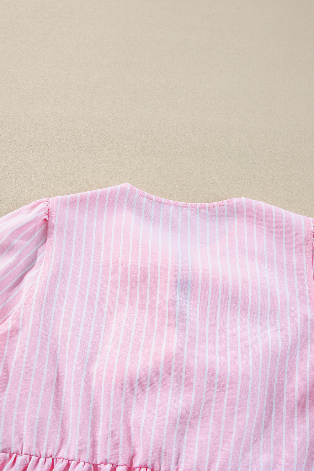 Pink Stripe Bowknot Front Crew Neck Puff Sleeve Blouse 🇺🇸