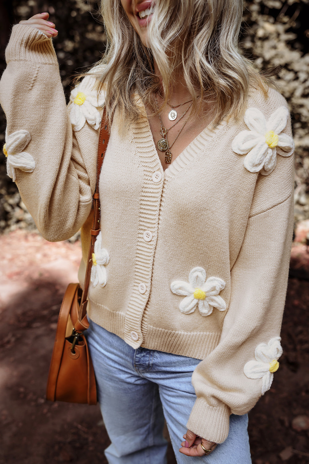 Parchment Elegant Flower Decor Button Front Cardigan 🇨🇳