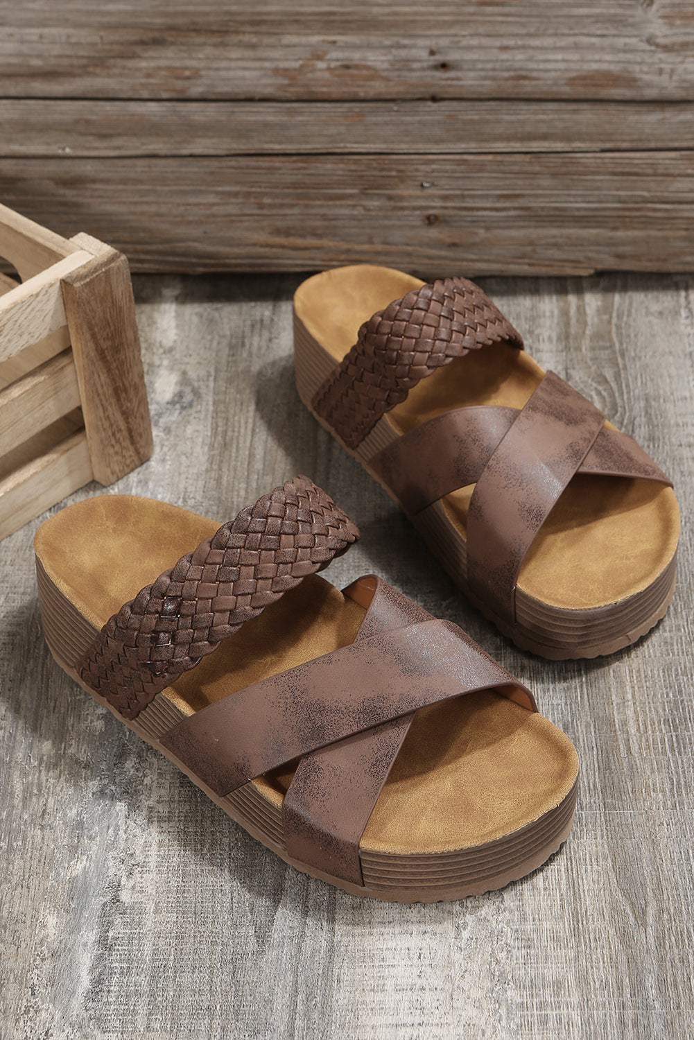 Brown Braided Detail Criss Cross Platform Slippers 🇨🇳
