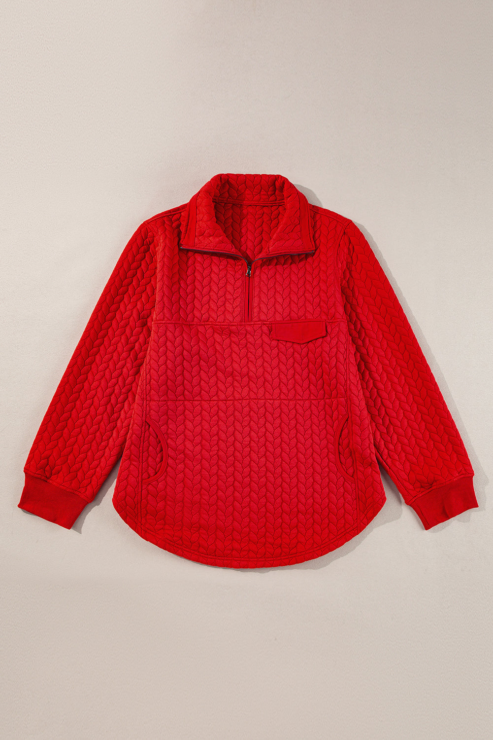 Tomato Red Cable Textured Quarter Zip Pocketed Plus Size Pullover 🇺🇸