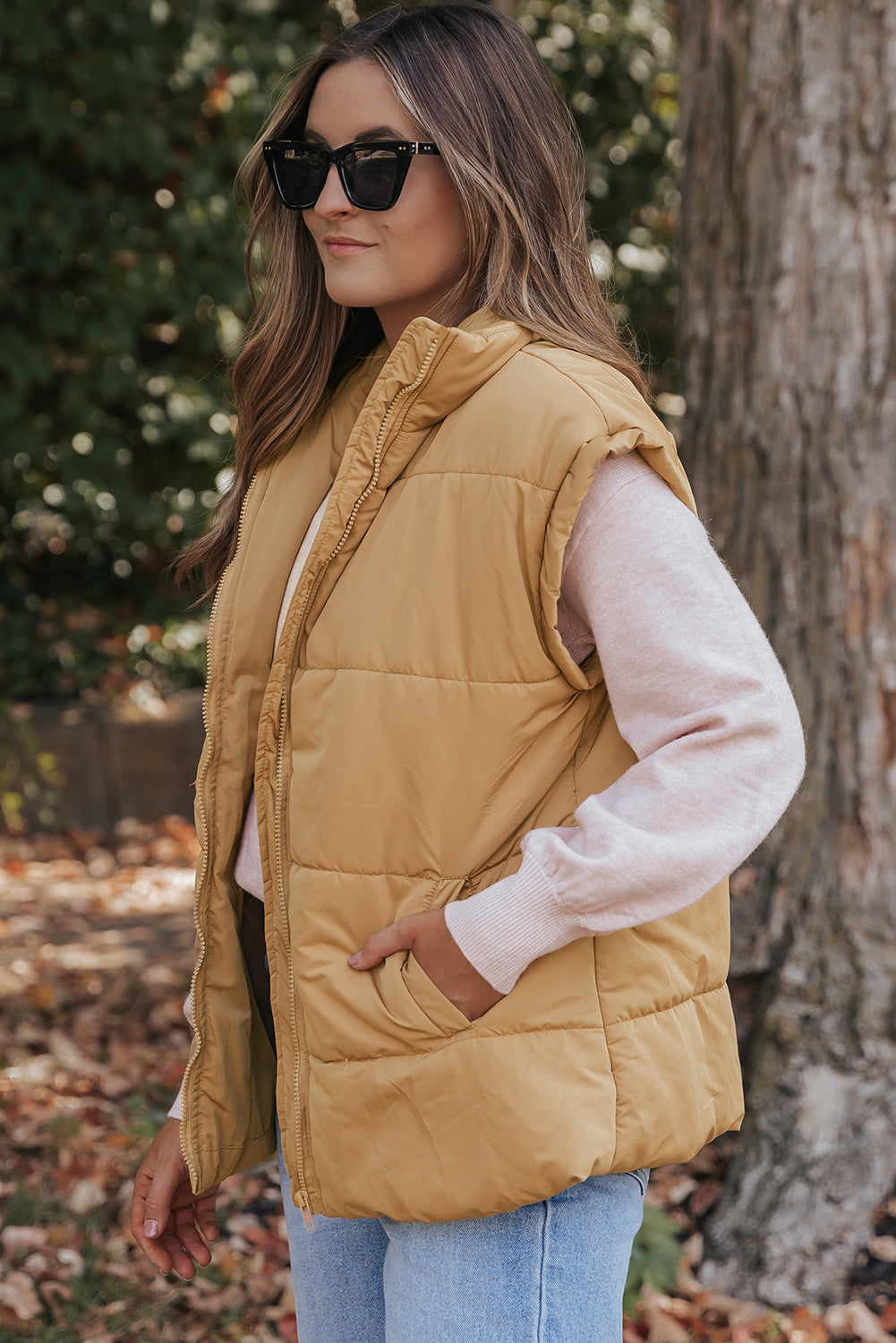 Khaki Oversized Stand Collar Zip Winter Vest 🇺🇸