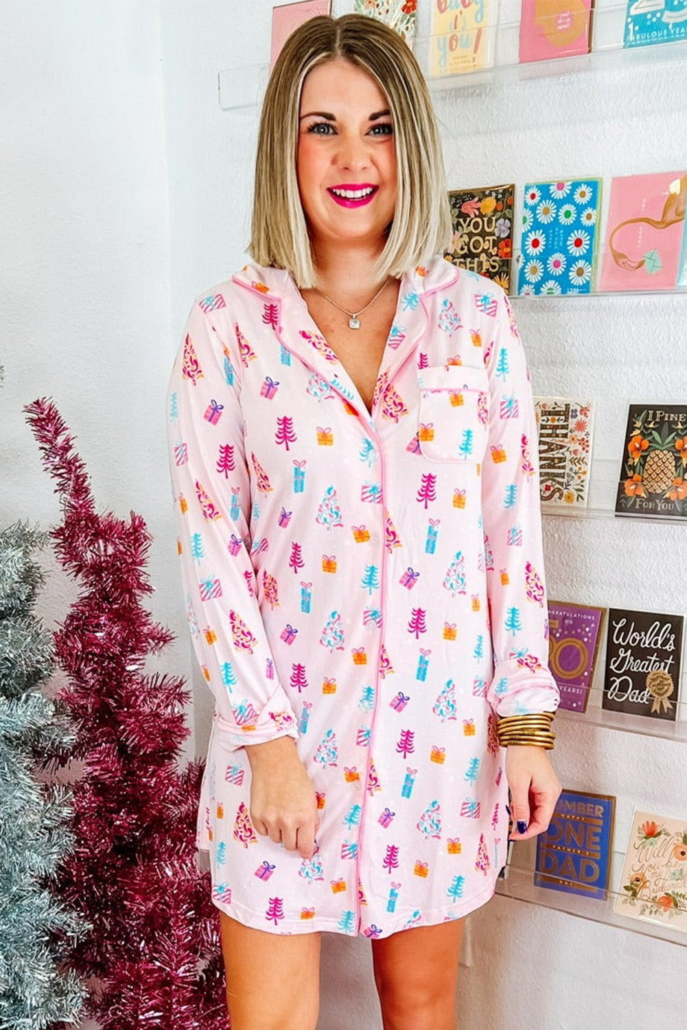 Pink Christmas Twinkle Tree Print Shirt Sleep Dress 🇺🇸