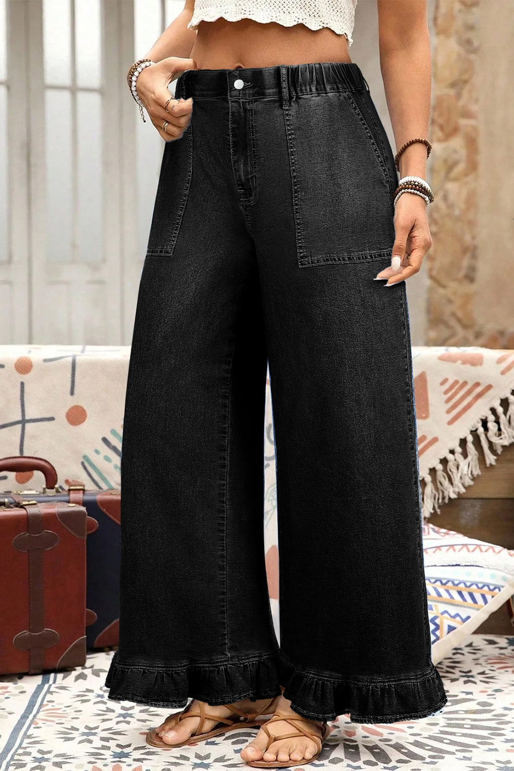 Black Plus Size Elastic Waist Ruffled Wide Leg Denim Pants 🇺🇸
