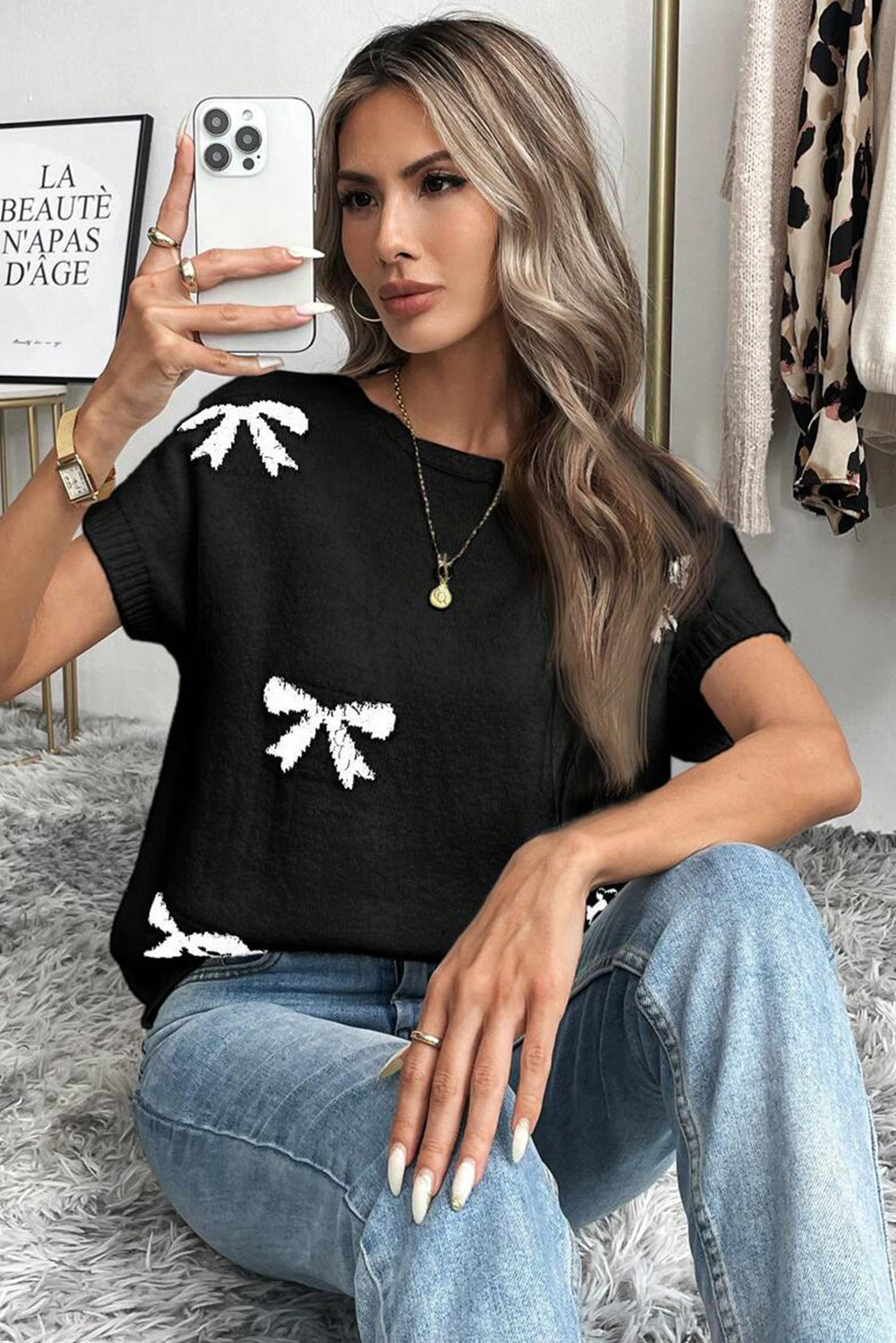 Black Bow Pattern Knit Short Sleeve Sweater 🇺🇲