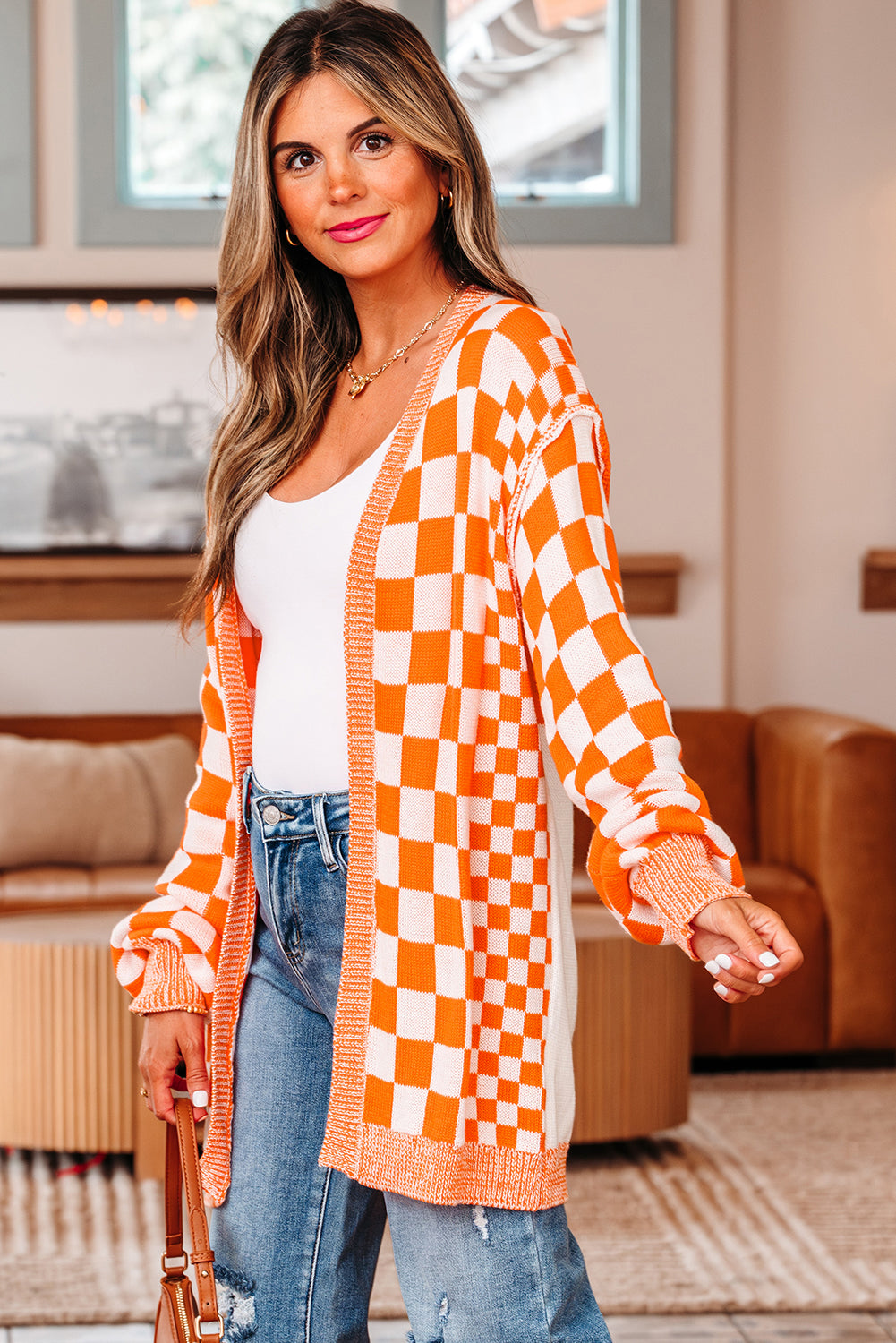 Orange Checkered Open Front Drop Shoulder Cardigan 🇺🇸
