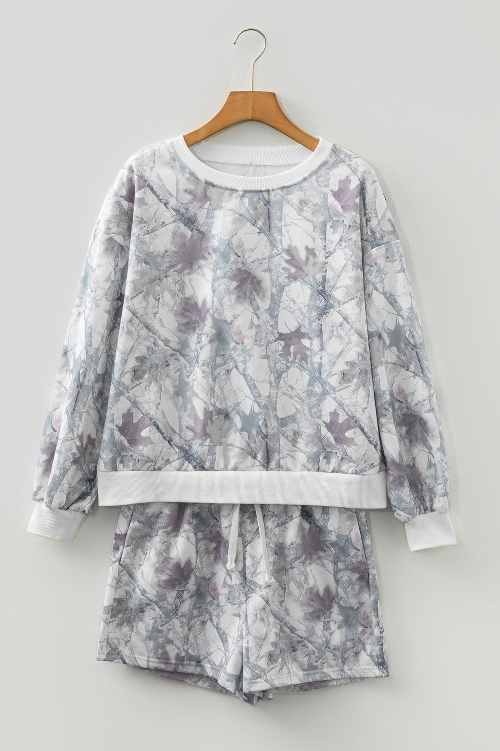 Light Grey Abstract Woodland Camo Print Baggy Pullover Drawstring Shorts Set 🇺🇸