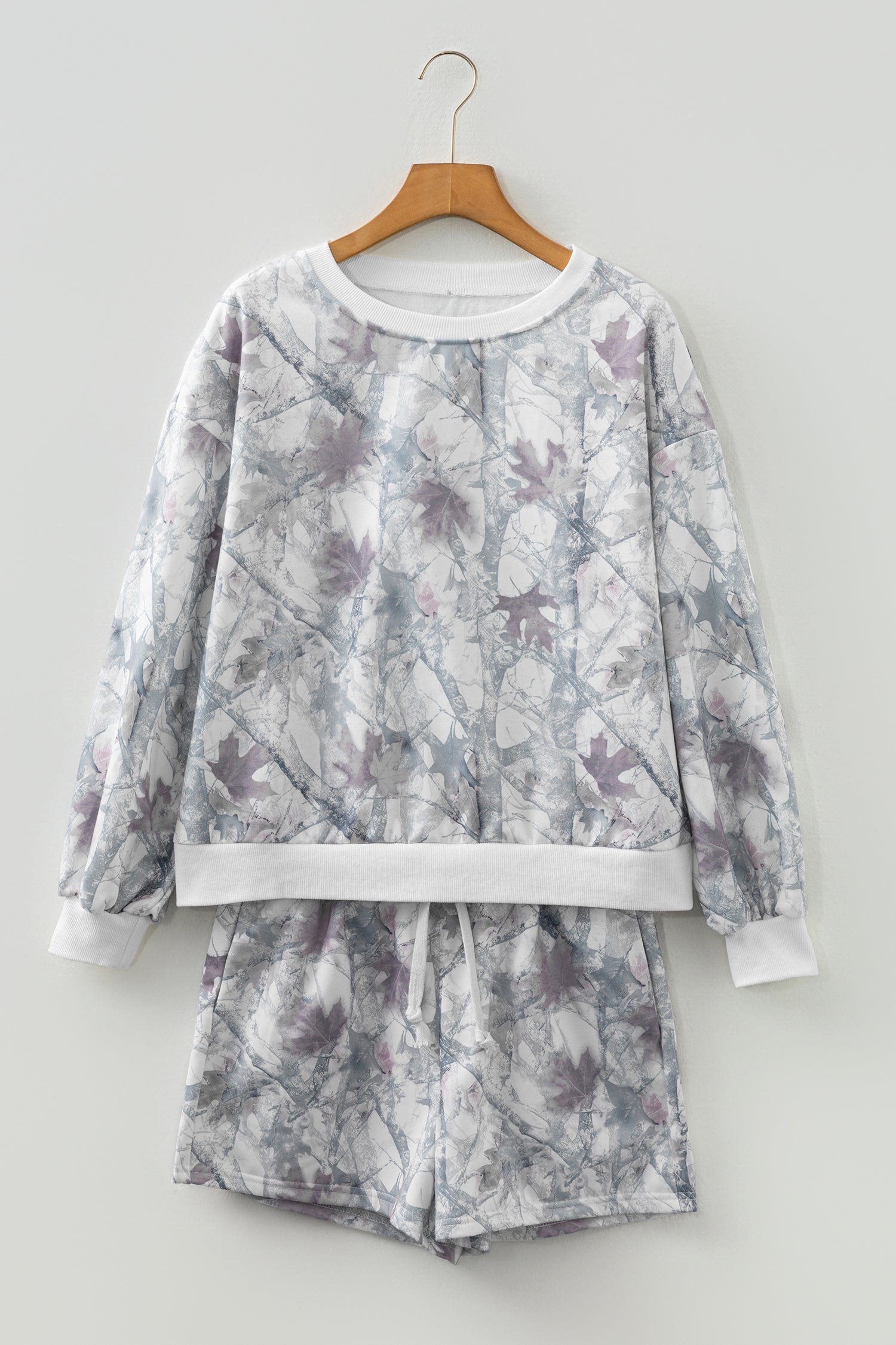 Light Grey Abstract Woodland Camo Print Baggy Pullover Drawstring Shorts Set 🇺🇸