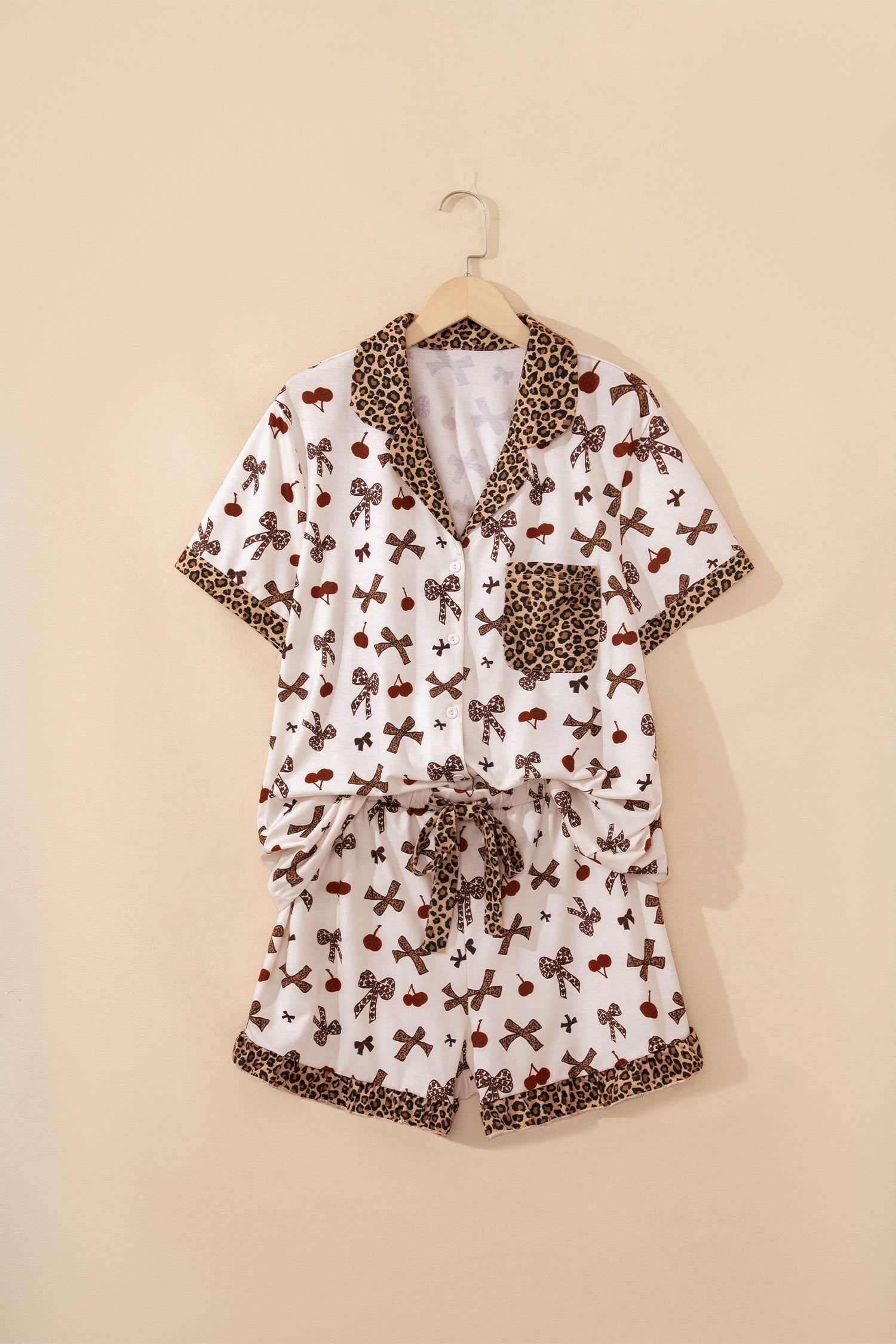 White Chic Bow Cherry Printed Leopard Contrast Patchwork Shirt Drawstring Shorts 2pcs PJ Set 🇺🇸