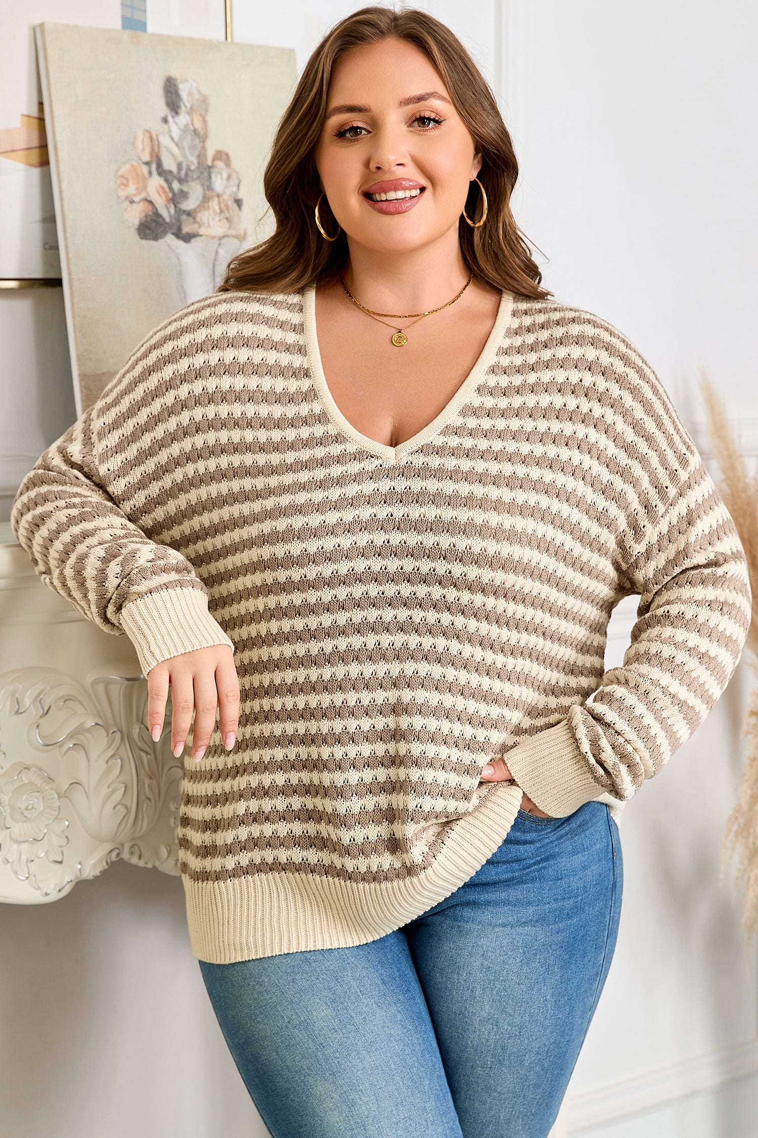 Khaki Stripe Plus Size V Neck Drop Shoulder Sweater 🇺🇸