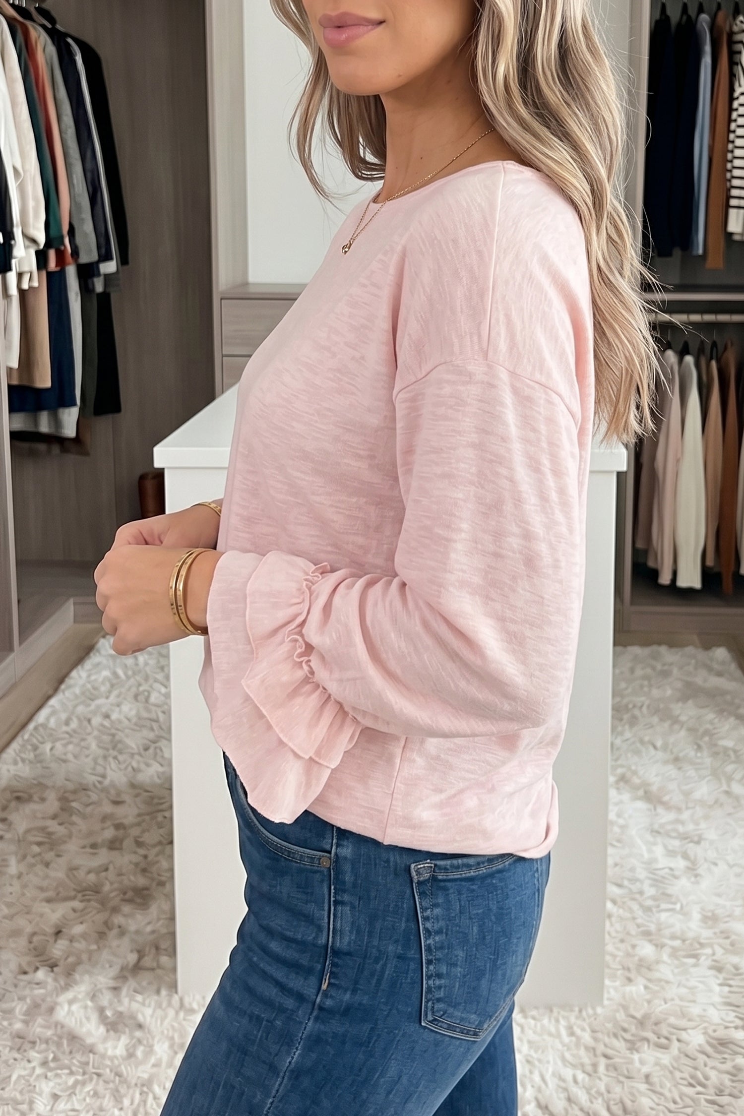 Gossamer Pink Ruffle Sleeve Long Sleeve Loose Pullover Top 🇬🇧
