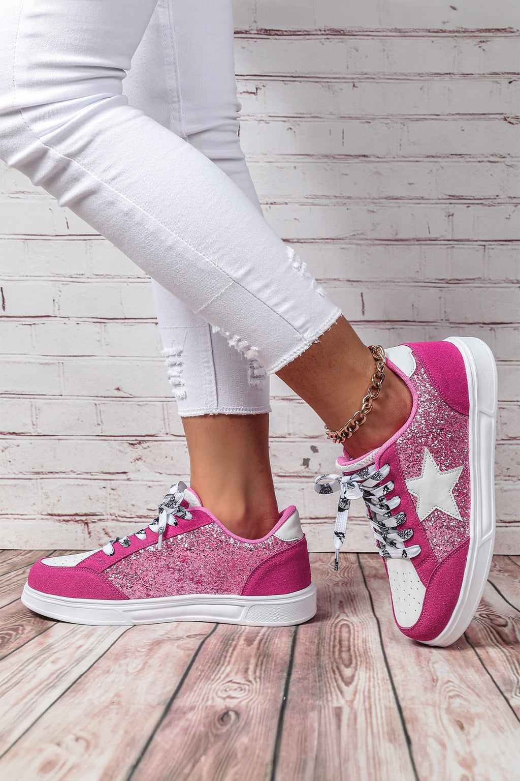Rose Red Stylish Color Block Glitter Star Patchwork Lace-up Flat Shoes 🇺🇸