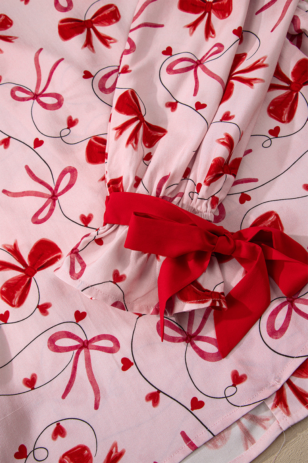 Red Bow Print Long Sleeve Shirt Shorts 2 Pcs Pajama Set 🇺🇸