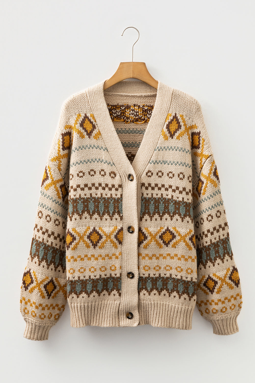 Khaki Western Pattern Knitted Button V Neck Cardigan Sweater 🇺🇸