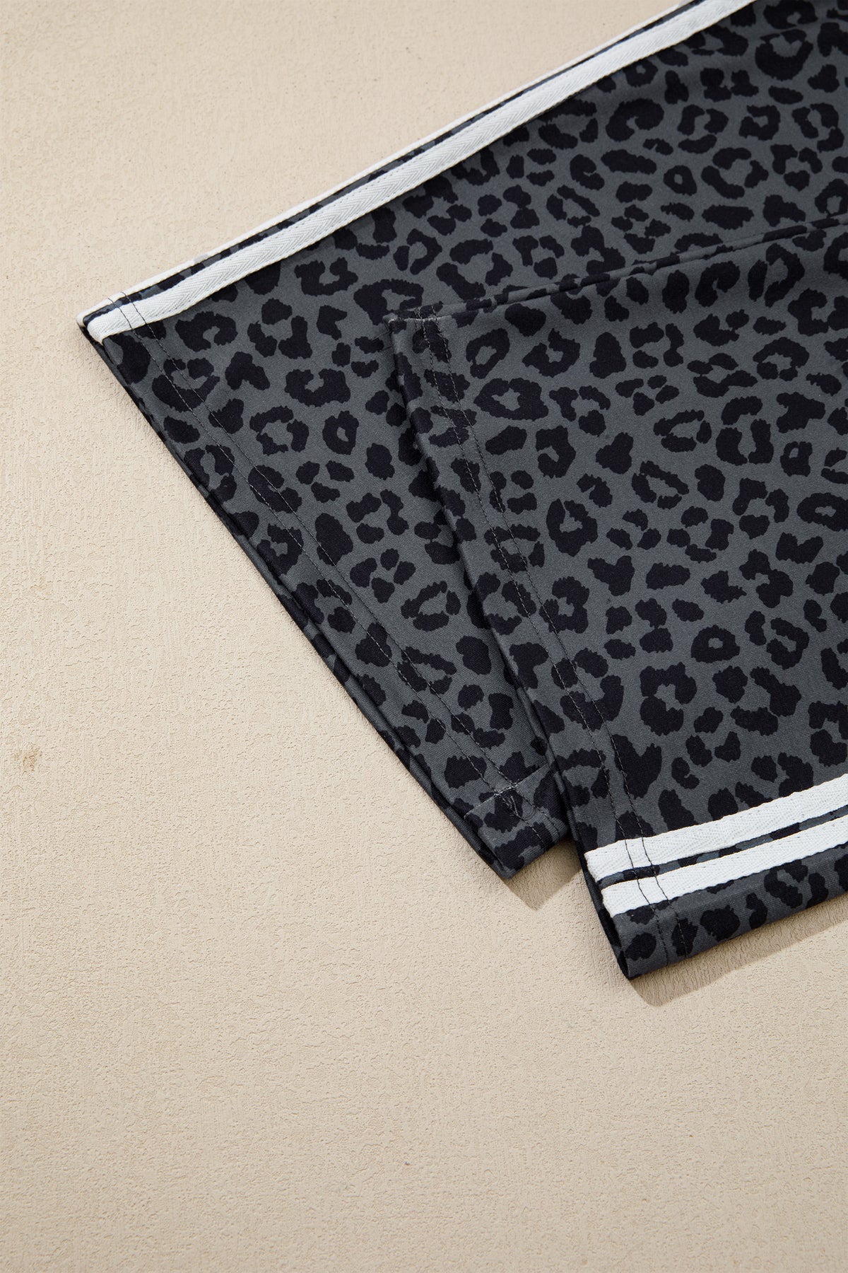 Gray Leopard Print Varsity Striped Detail 3/4 Sleeve Top Shift Pant Set 🇺🇸