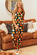 Orange Halloween Pattern Short Sleeve Shirt Pajama Set 🇺🇸
