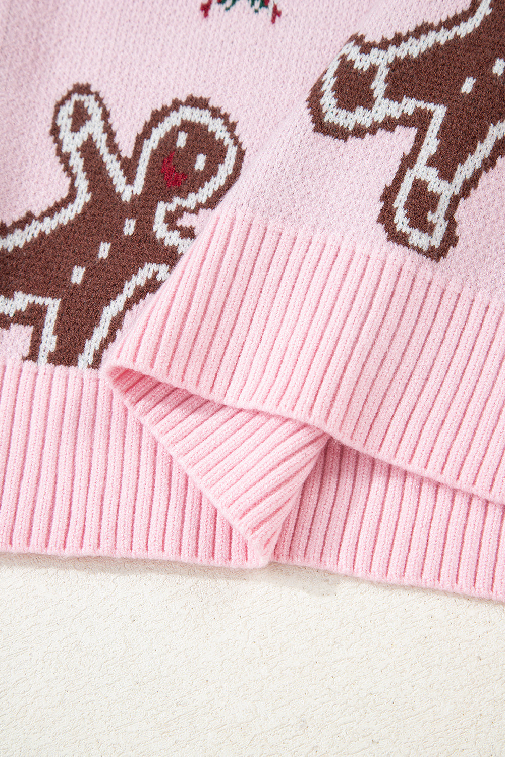 Pink Christmas Ginger Bread Man Print Round Neck Casual Sweater 🇺🇸