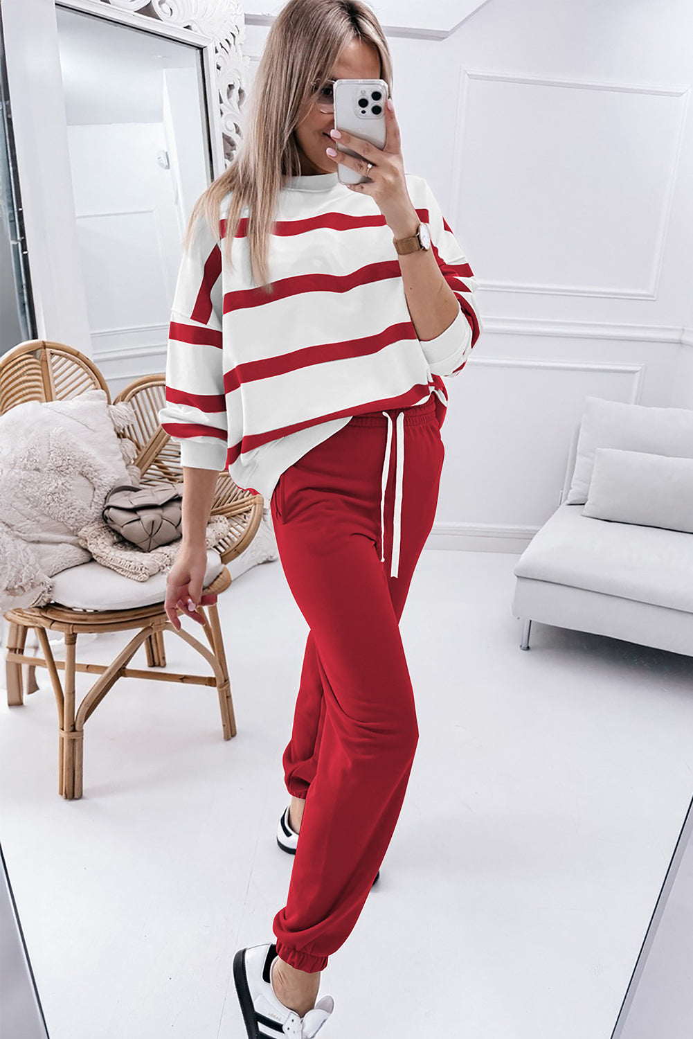 Red Stripe Drop Shoulder Pullover and Jogger Pants Set 🇨🇳